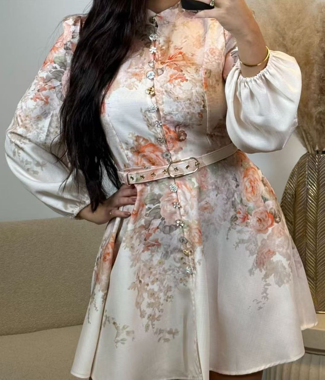 SHORT DRESS With Shiny Buttons Digital Print Offwhite
