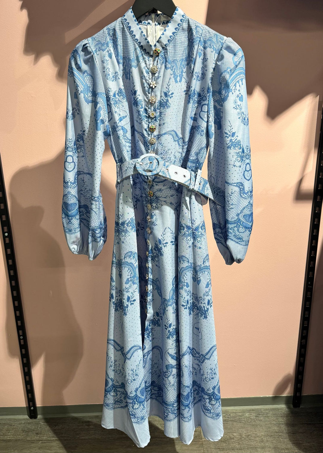LONG DRESS With Shiny Buttons Advanced Digital Print Blue