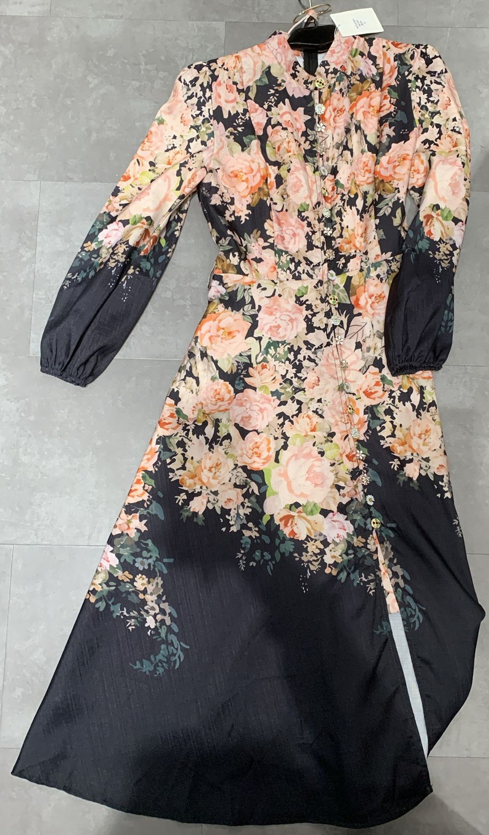 LONG DRESS With Shiny Buttons Advanced Digital Print Black/Orange Flowers