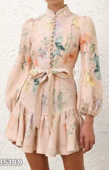 SHORT DRESS Tie Belt Digital Print Beige Flower