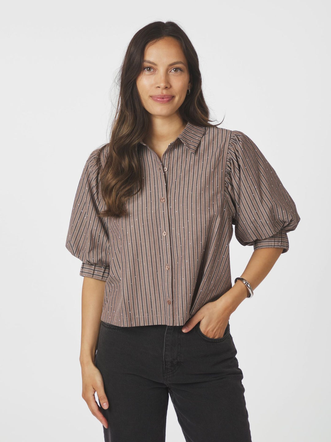 NEO NOIR Etta Soft Stripe Stone Shirt Brown