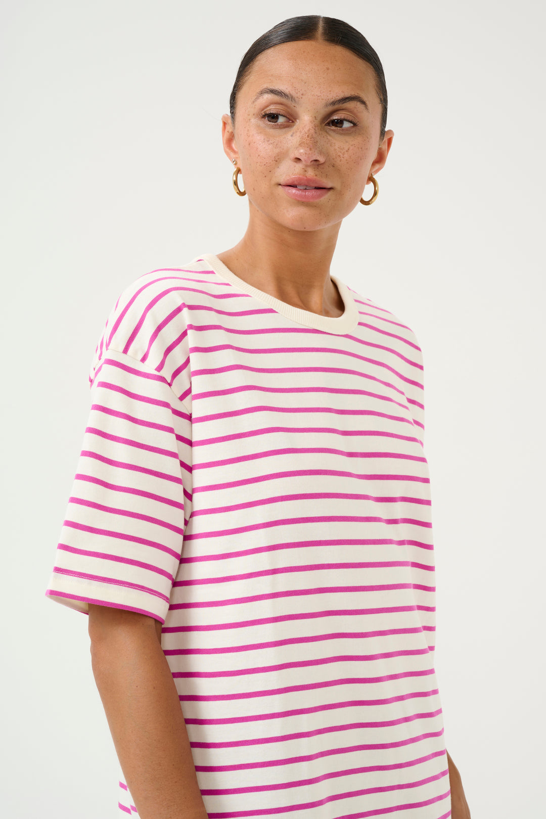 KAFFE KAwinny 1/2 Sleeve T-Shirt Ant.White/Fuchsia Stripe