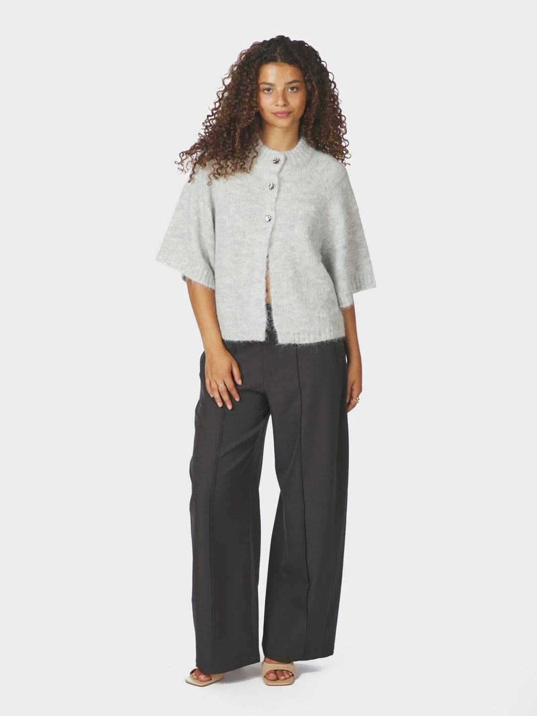 NEO NOIR Benuta Fluffy Knit Cardigan Light Grey Melange