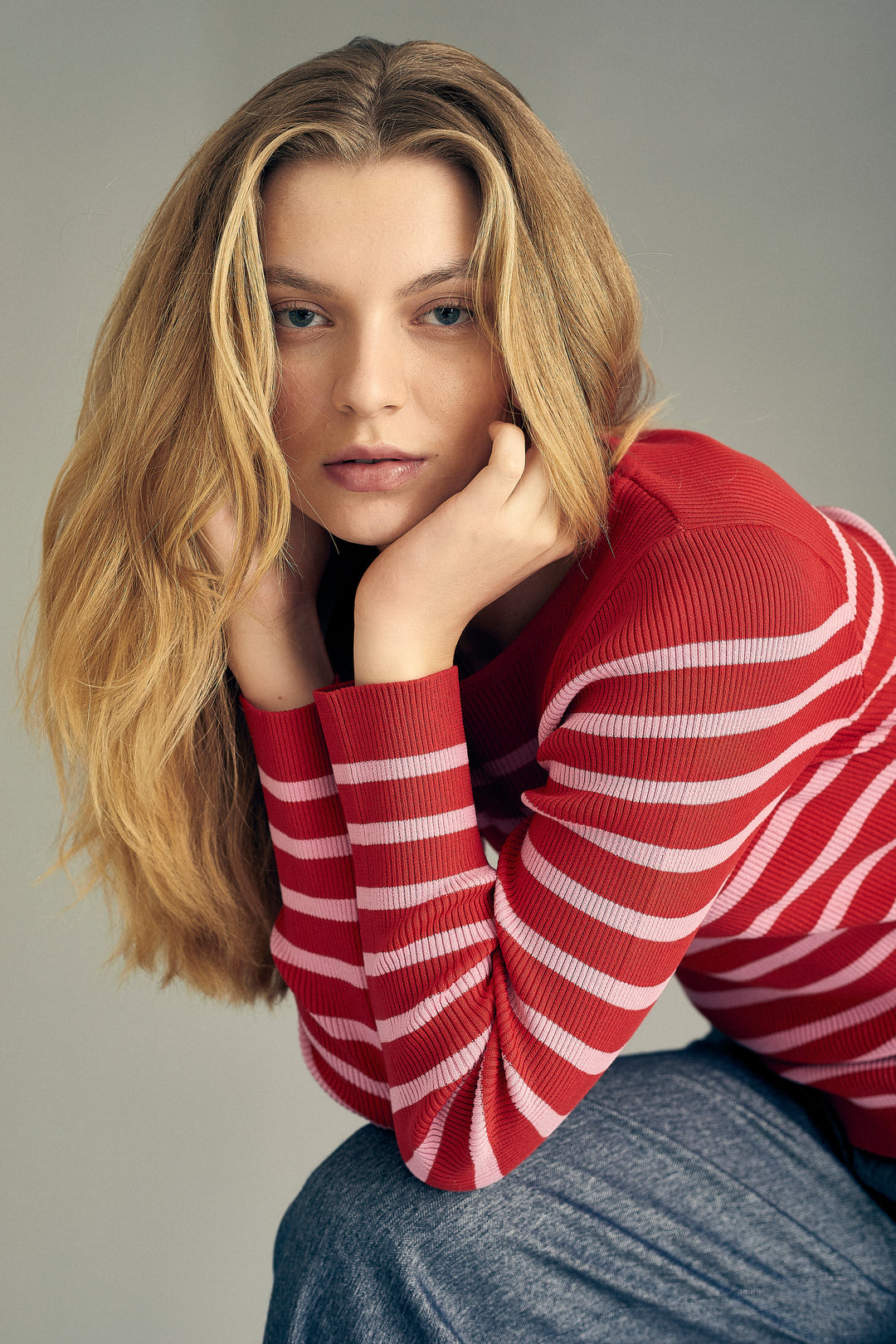 A-VIEW Rib Stripe Knit Blouse Rose/Red