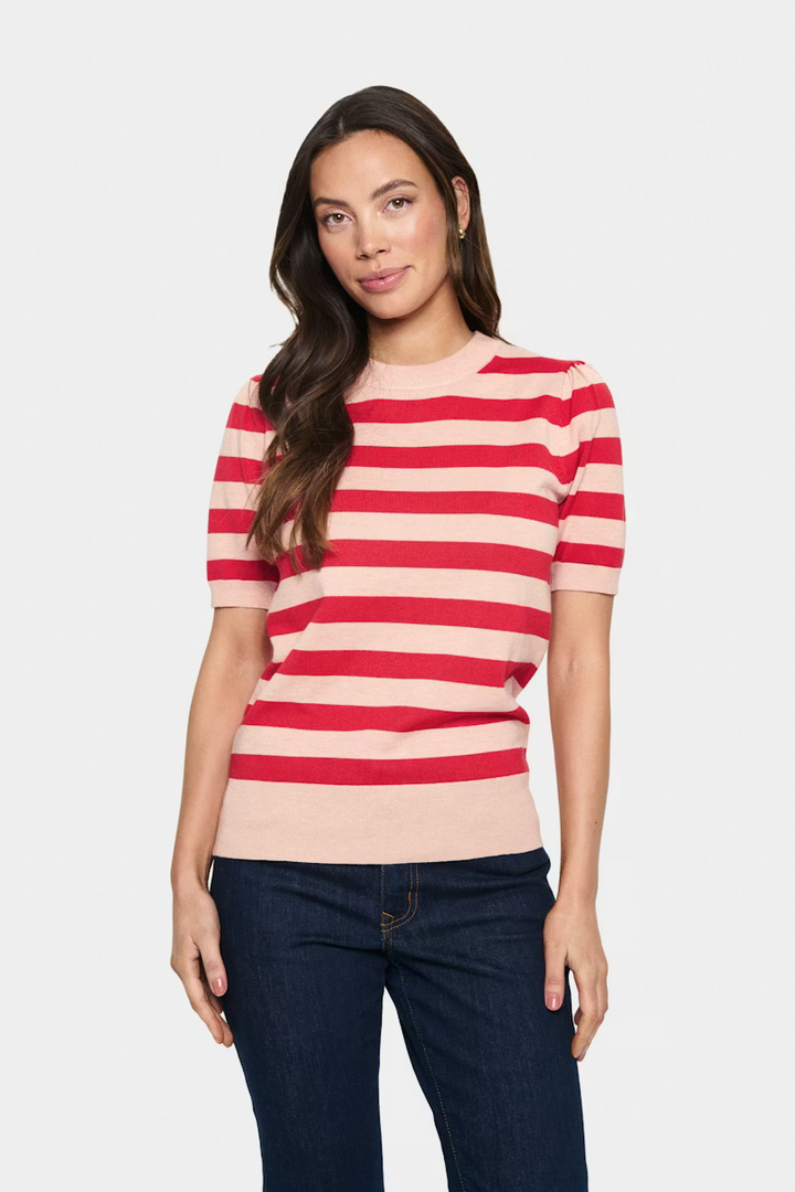 SAINT TROPEZ MilaSZ SS Block Stripe Pullover Pink Poinciana Block Stripe