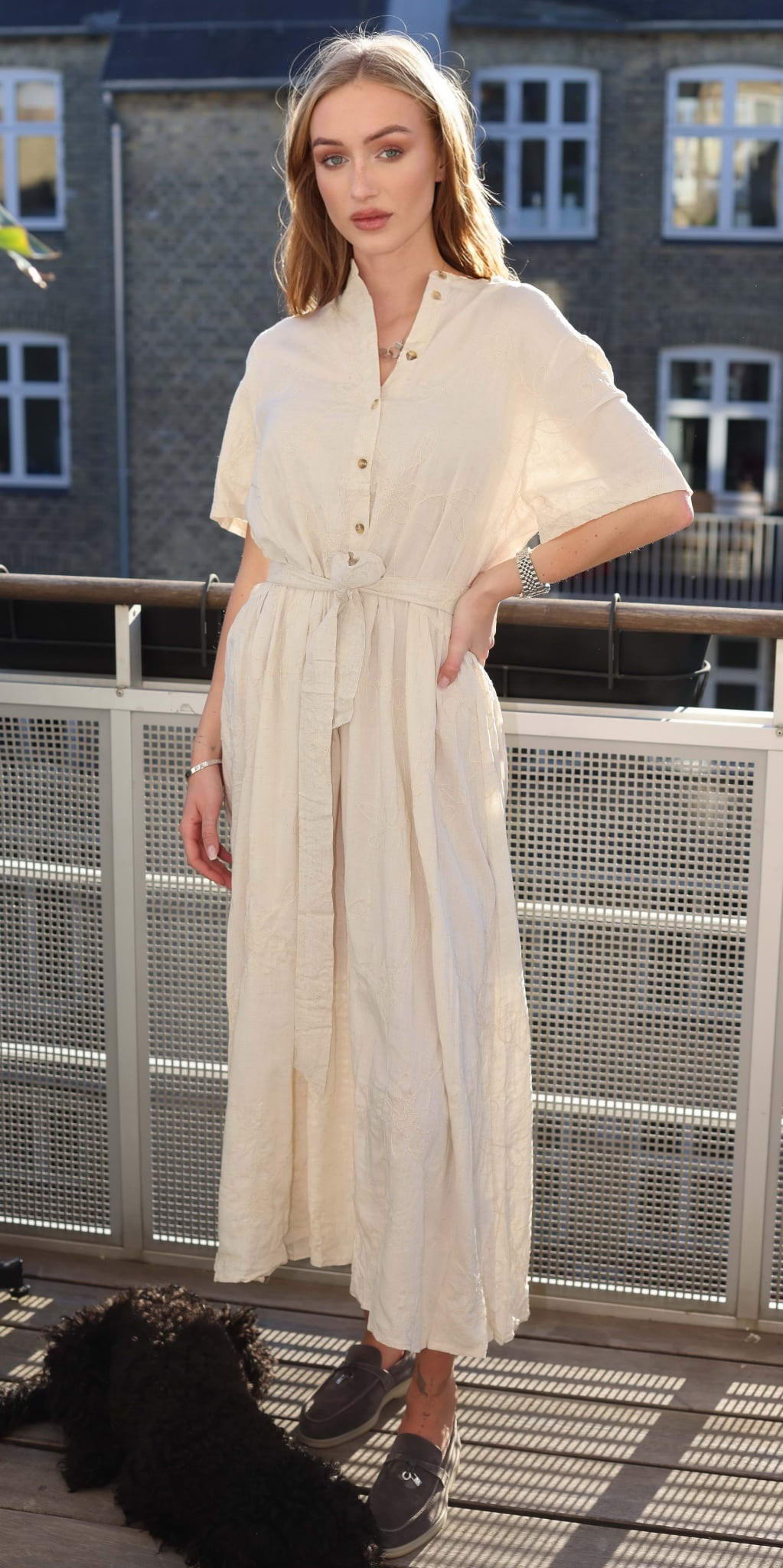 COPENHAGEN LUXE Long Linen Dress Embroidery Beige