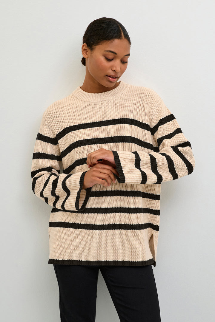 KAFFE KAcilla Knit Pullover Sand Dollar/Black Stripe