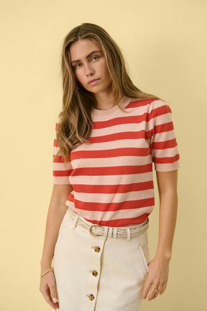 SAINT TROPEZ MilaSZ SS Block Stripe Pullover Pink Poinciana Block Stripe