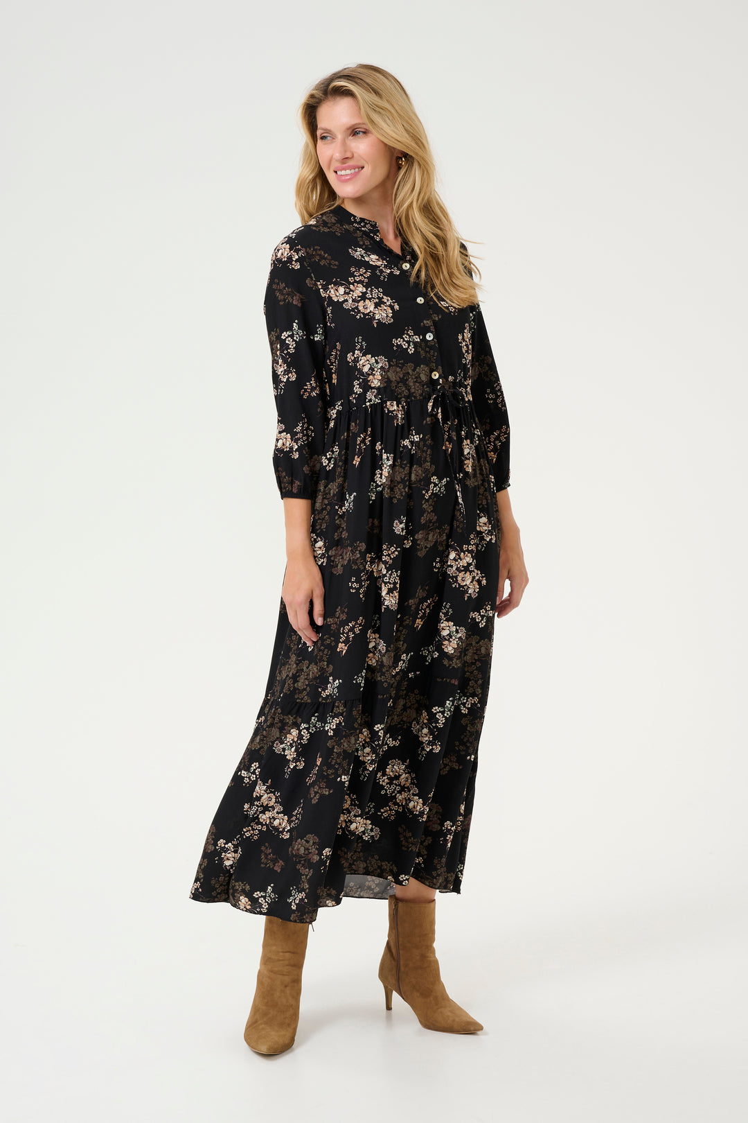 CREAM CRAlora Long Dress Black With Autumn Flowers