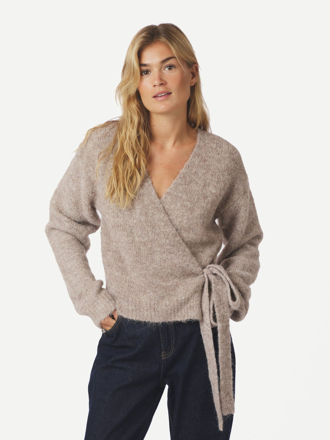 NEO NOIR Ronia Fluffy Wrap Knit Cardigan Beige Melange