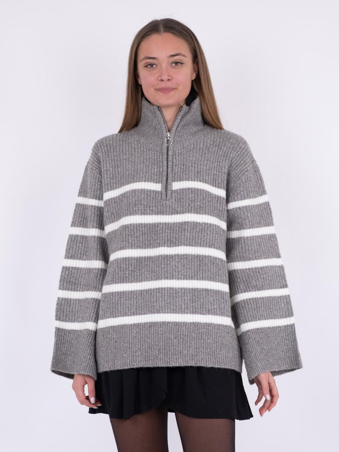 NEO NOIR Nevena Stripe Knit Blouse Dark Grey/Off White