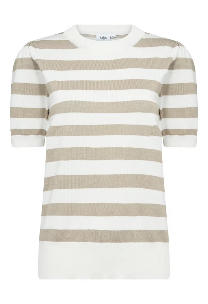 SAINT TROPEZ MilaSZ SS Block Stripe Pullover Ice Plaza Taupe Block Stripe
