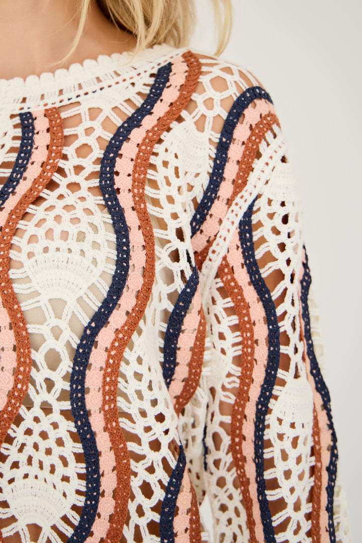 A-VIEW California Crochet Blouse White/Peach/Navy