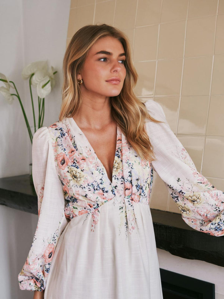 NEO NOIR Silfi Flower Print Dress Creme