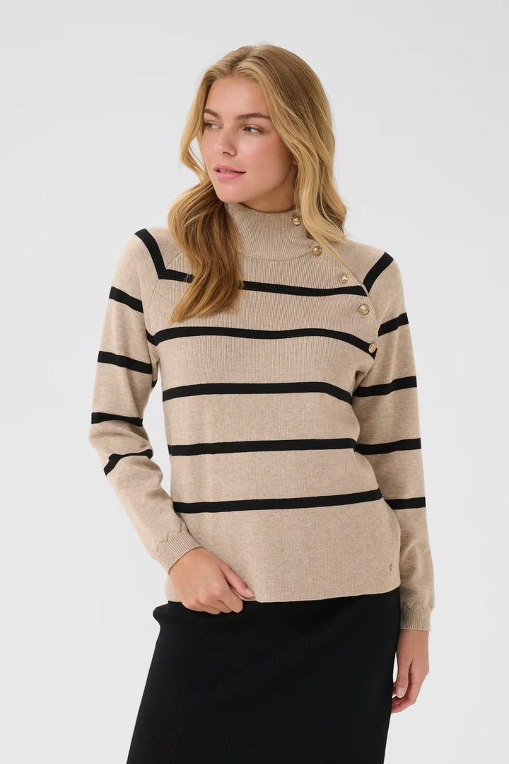 CREAM CRDela Button Pullover Cobbelstone Melange Stripe