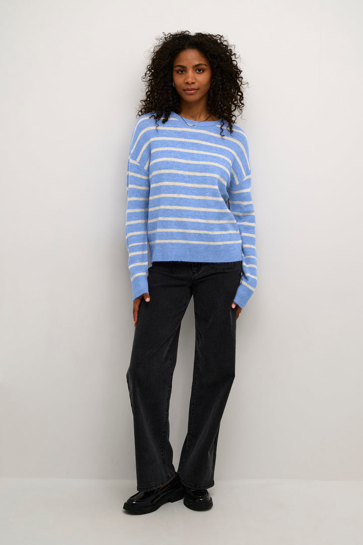 KAFFE KAlida Knit Pullover Blue Melange/Beige Stripe