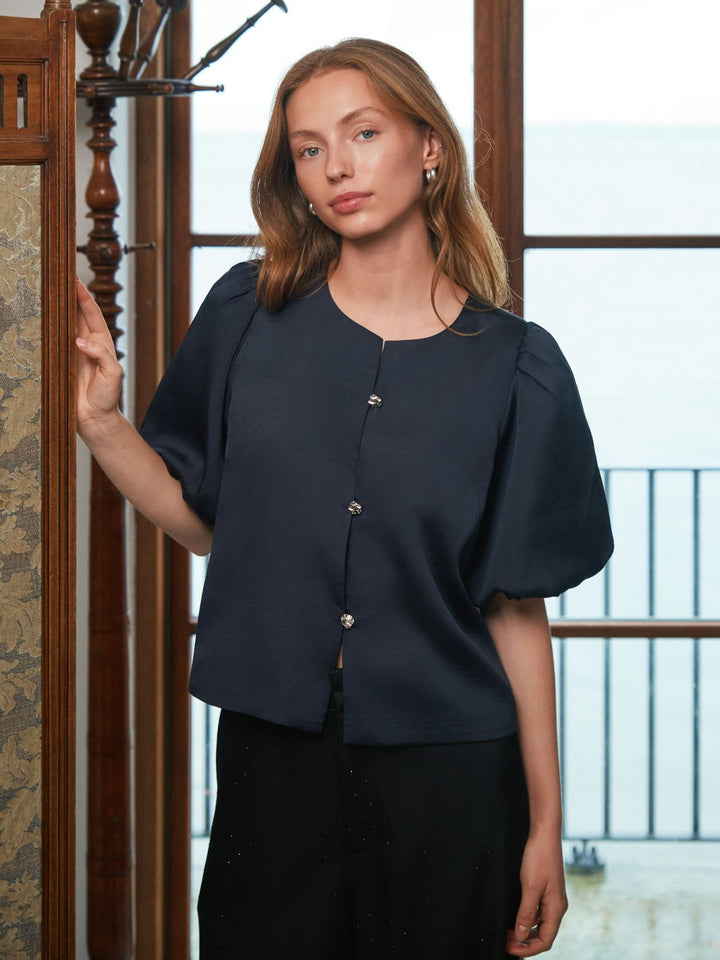 NEO NOIR Aisa Dull Satin Blouse Navy