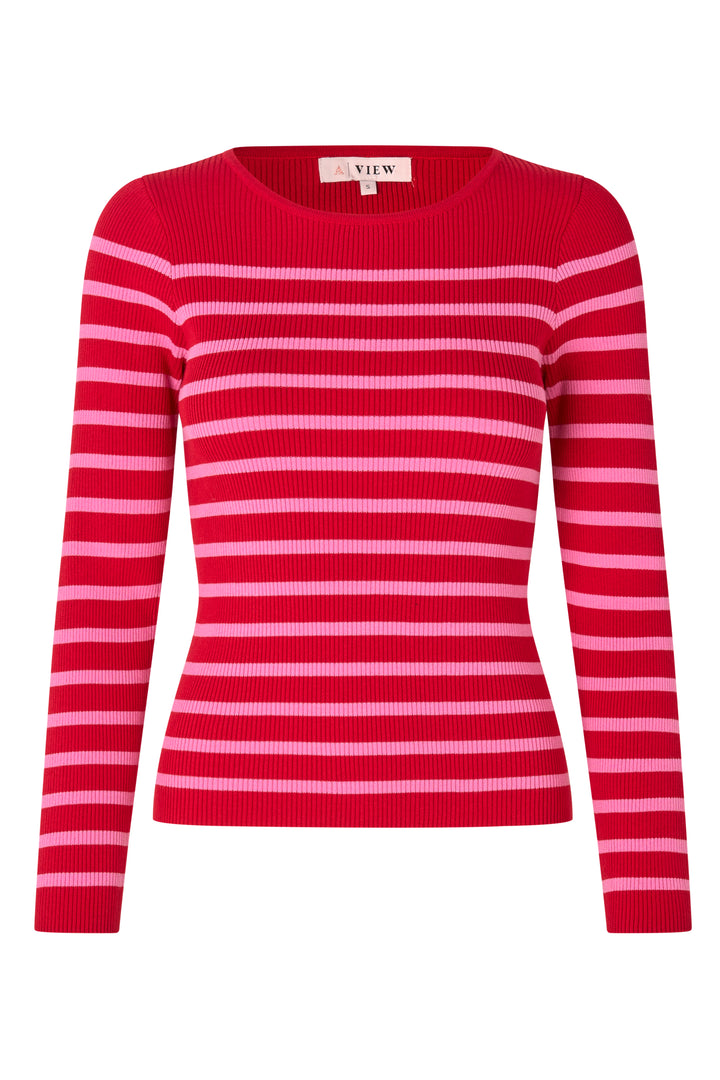 A-VIEW Rib Stripe Knit Blouse Rose/Red