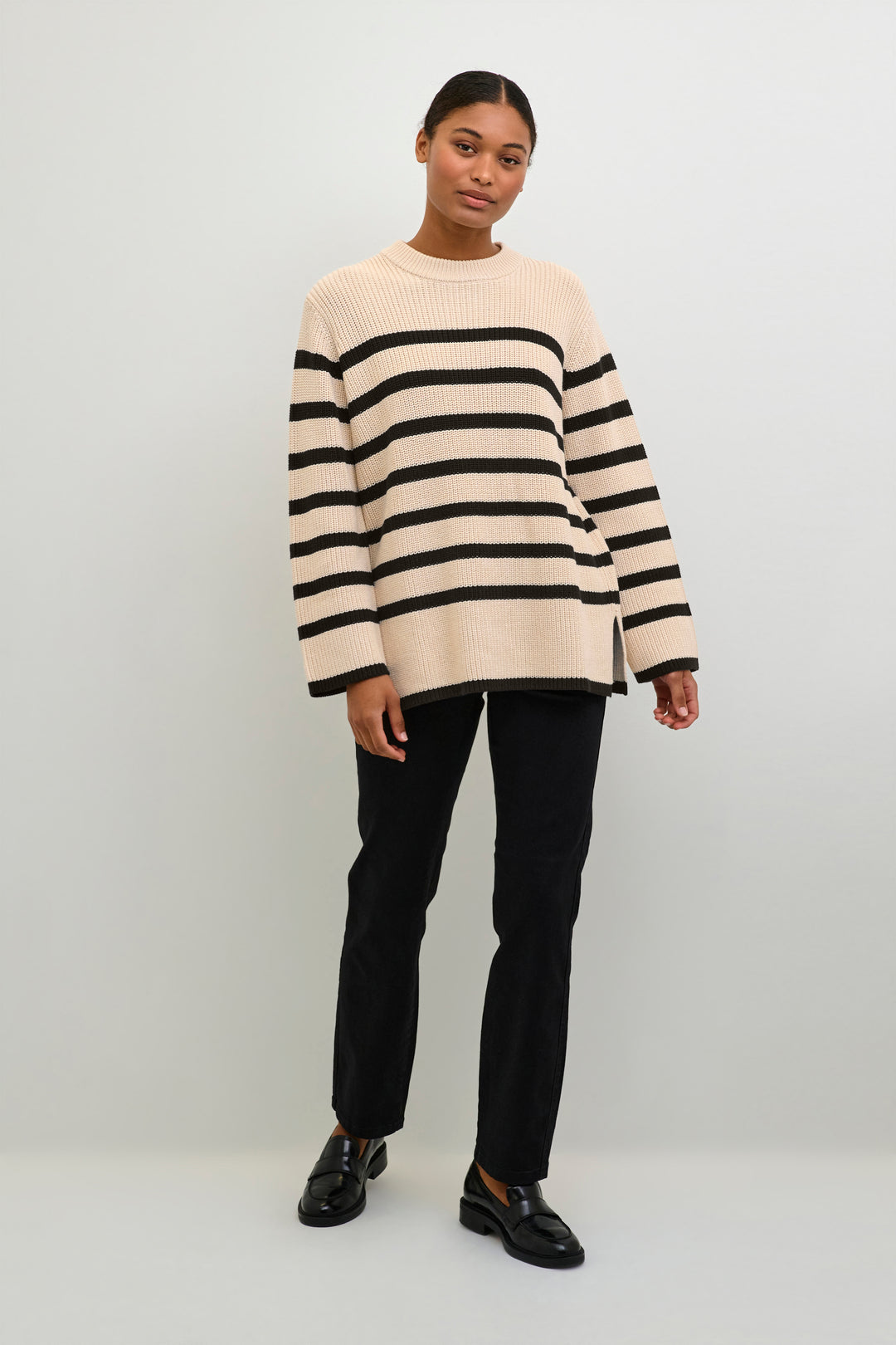 KAFFE KAcilla Knit Pullover Sand Dollar/Black Stripe