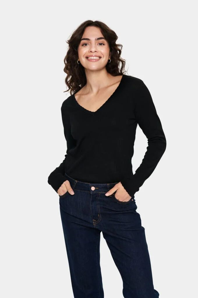 SAINT TROPEZ MilaSZ LS V-Neck Pullover Black