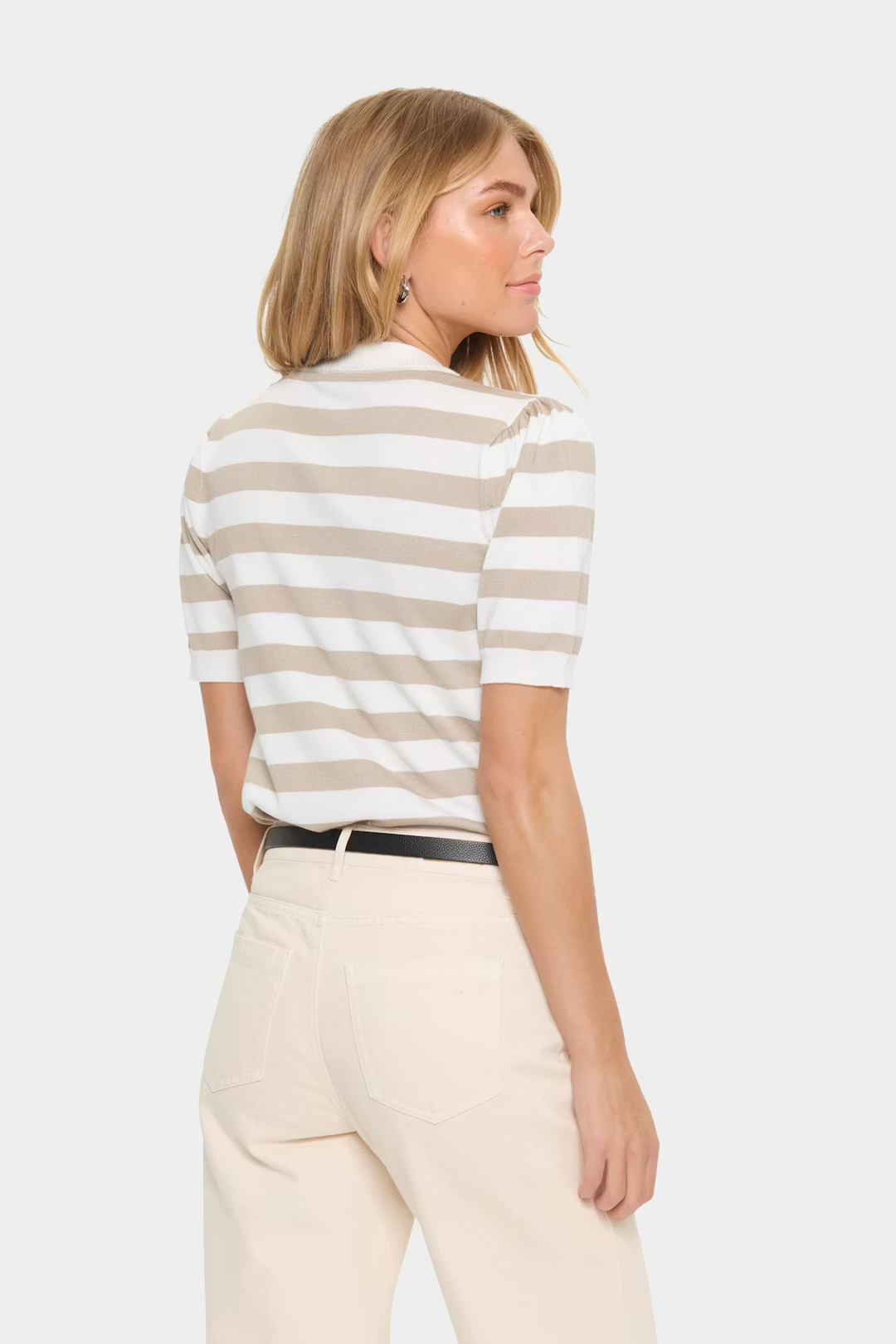 SAINT TROPEZ MilaSZ SS Block Stripe Pullover Ice Plaza Taupe Block Stripe