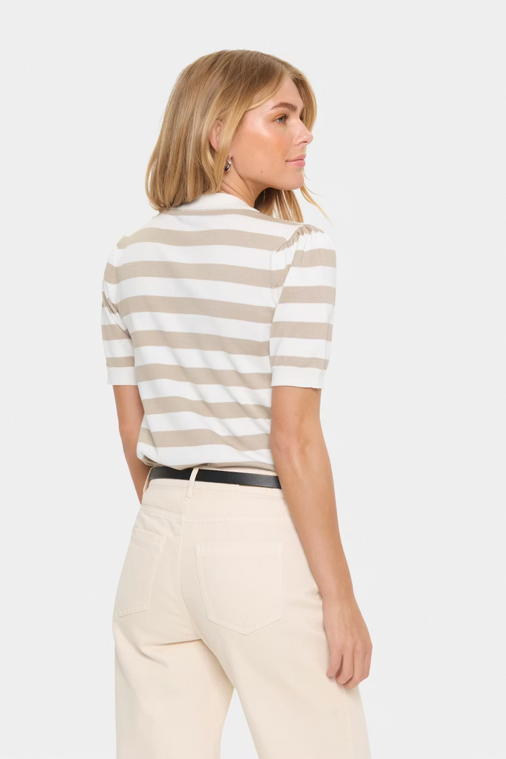 SAINT TROPEZ MilaSZ SS Block Stripe Pullover Ice Plaza Taupe Block Stripe