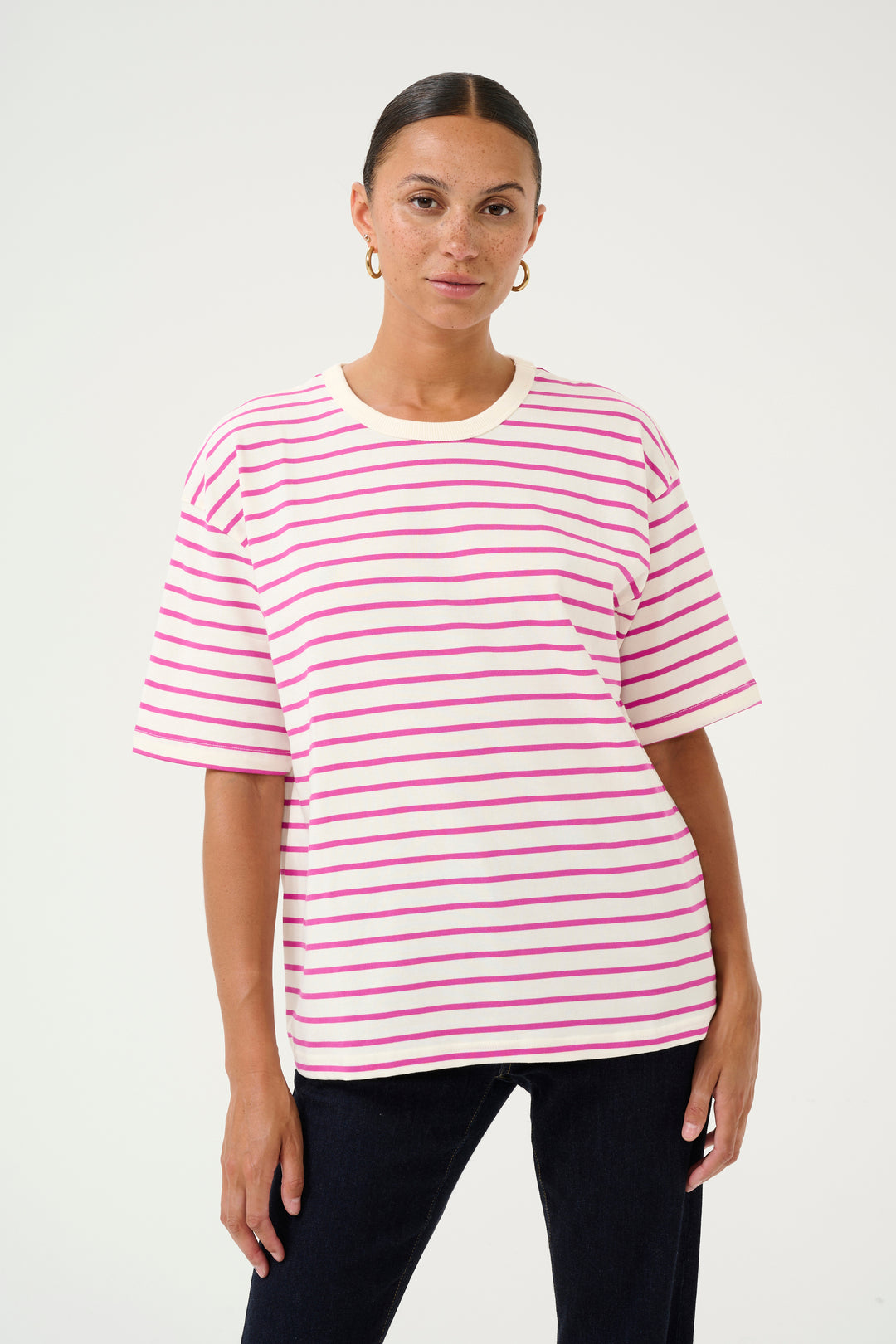 KAFFE KAwinny 1/2 Sleeve T-Shirt Ant.White/Fuchsia Stripe