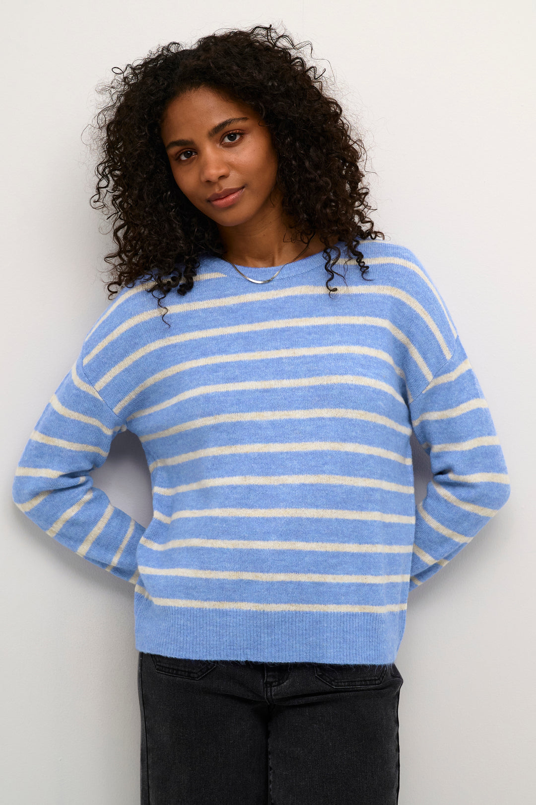 KAFFE KAlida Knit Pullover Blue Melange/Beige Stripe