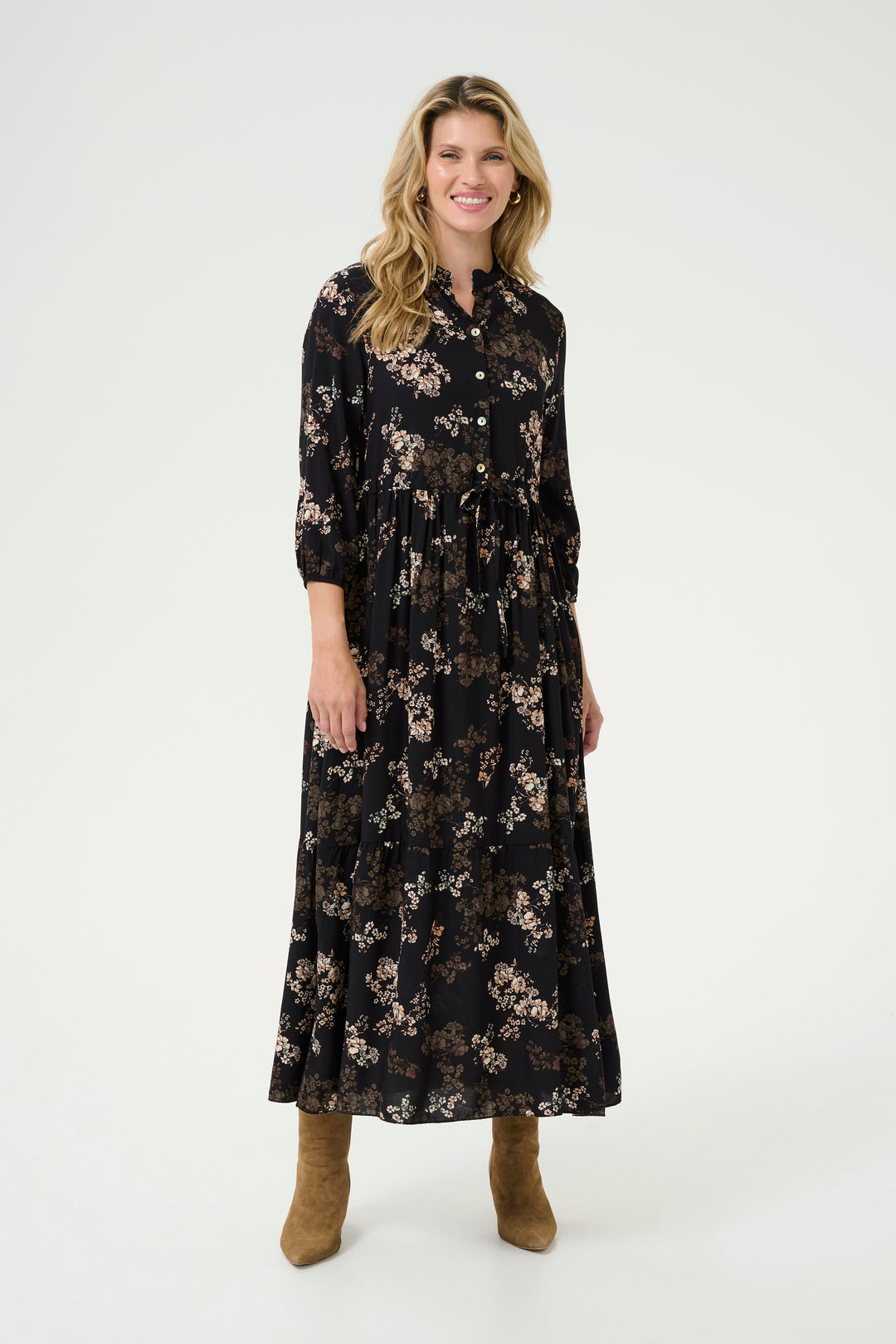 CREAM CRAlora Long Dress Black With Autumn Flowers