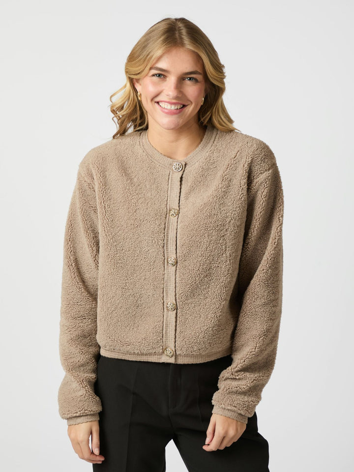 NEO NOIR Limo Fluffy Knit Cardigan Dark Sand