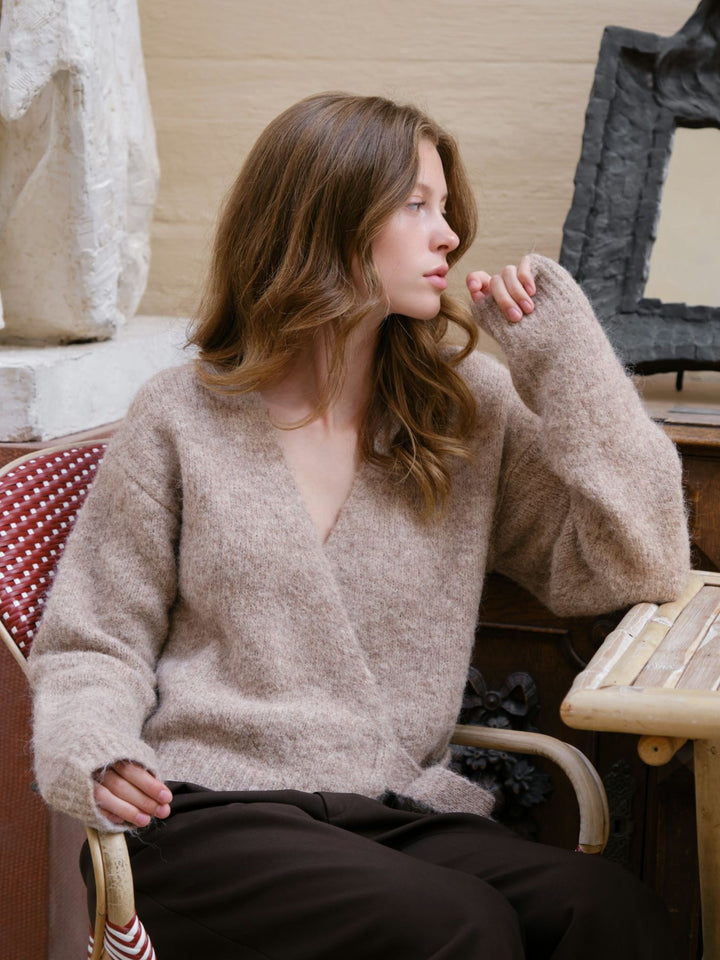 NEO NOIR Ronia Fluffy Wrap Knit Cardigan Beige Melange